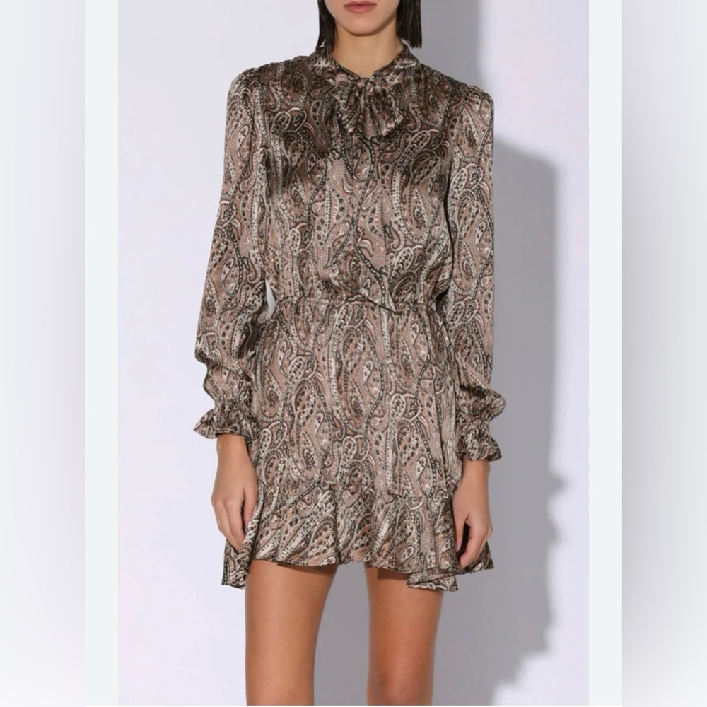 Walter Baker Long Sleeve Silky Paisley Mini Dress in Brown and‎ Cream